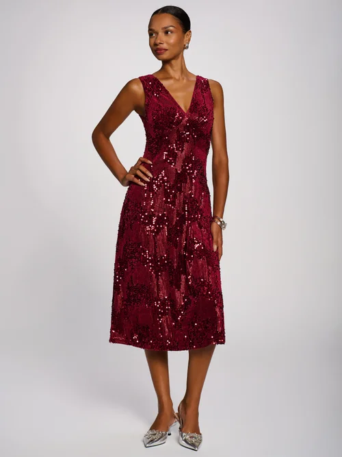 Jolie Moi Fuchsia V-Neck Sequin Embellished Velvet Midi Dress - 14 Image 4