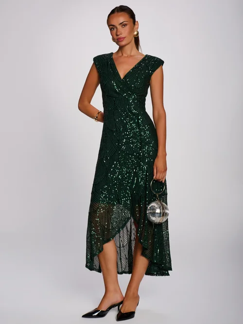 Jolie Moi Dark Green Sequin V Neckline Maxi Dress - 14 Image 1