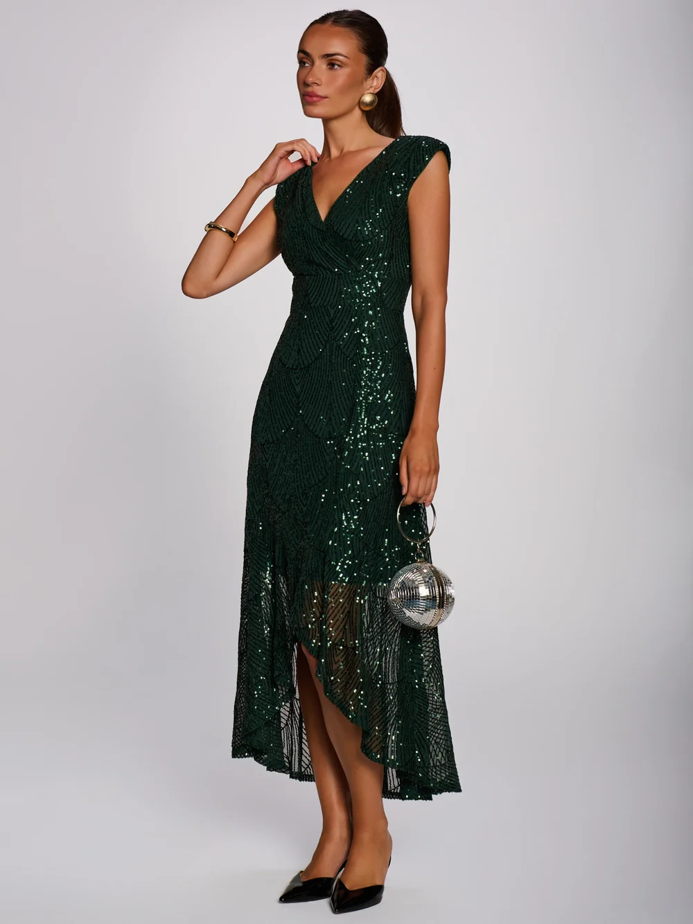 Jolie Moi Dark Green Sequin V Neckline Maxi Dress - 14 Image 3