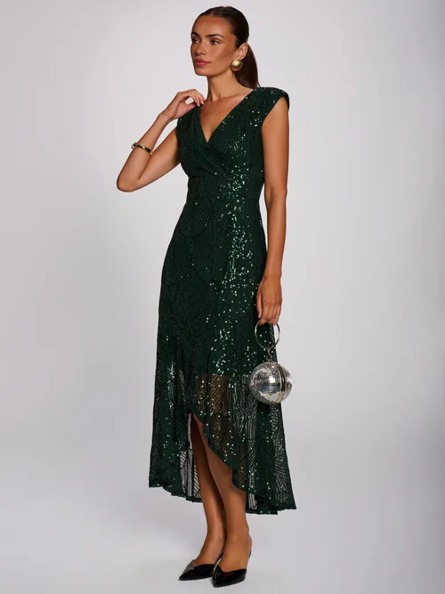 Jolie Moi Dark Green Sequin V Neckline Maxi Dress - 14 Image 3