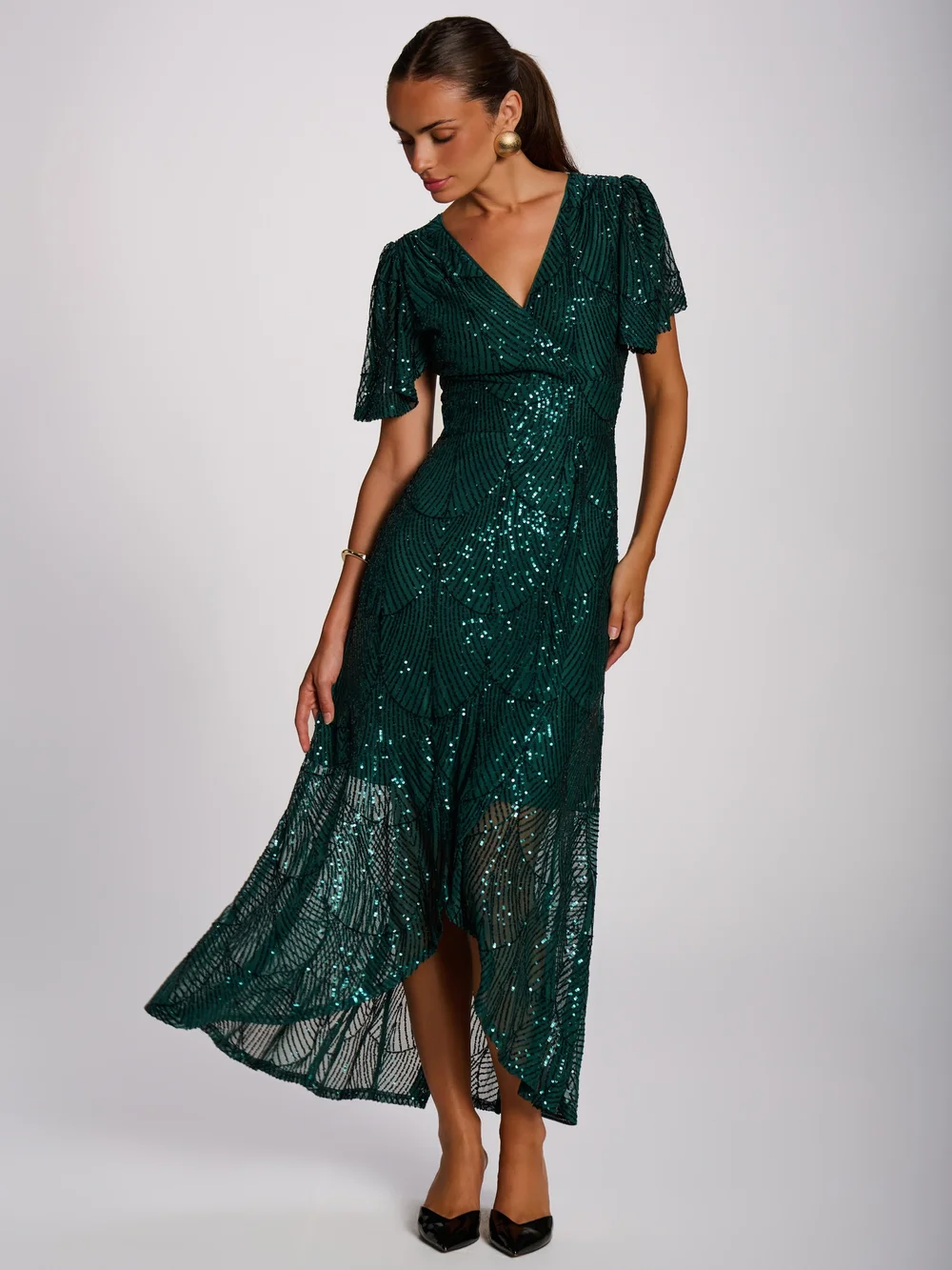 Jolie Moi Dark Green Sequin Angel Sleeve Flare Hem Maxi Dress - 16 Image 4