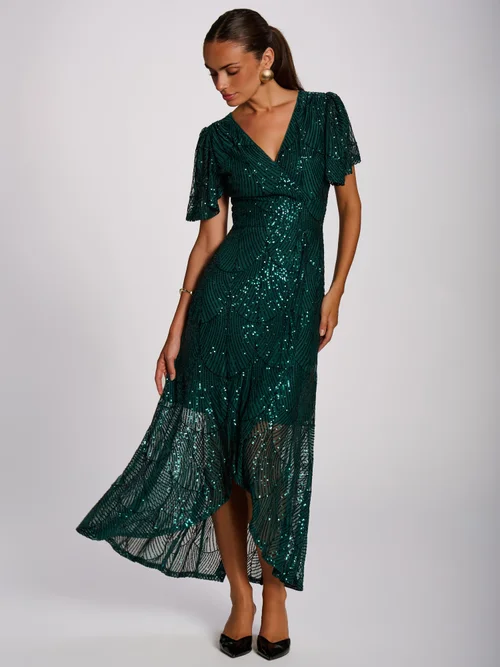Jolie Moi Dark Green Sequin Angel Sleeve Flare Hem Maxi Dress - 16 Image 4