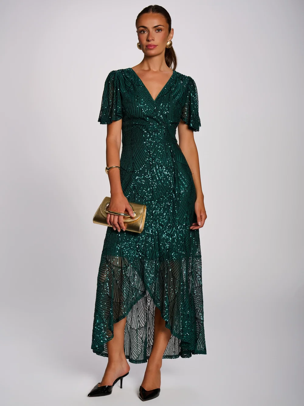 Jolie Moi Dark Green Sequin Angel Sleeve Flare Hem Maxi Dress - 16 Image 5