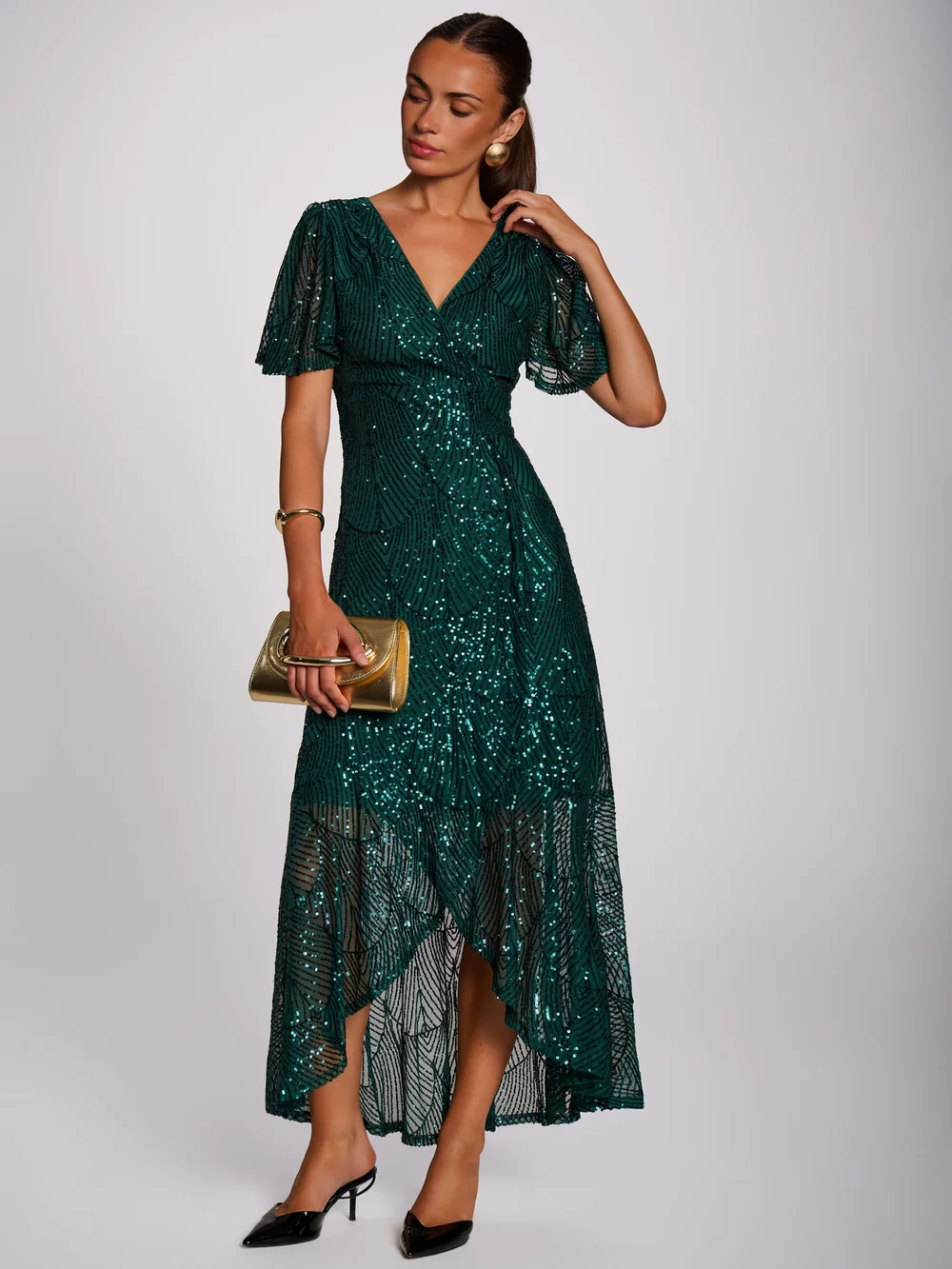 Jolie Moi Dark Green Sequin Angel Sleeve Flare Hem Maxi Dress - 16 Image 3