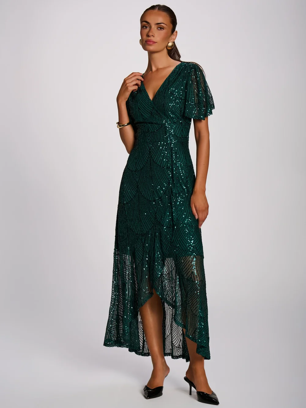 Jolie Moi Dark Green Sequin Angel Sleeve Flare Hem Maxi Dress - 16 Image 1