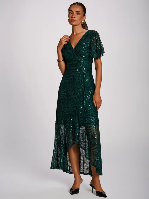 Jolie Moi Dark Green Sequin Angel Sleeve Flare Hem Maxi Dress - 16 Image 1