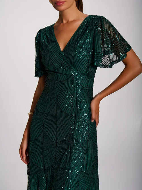 Jolie Moi Dark Green Sequin Angel Sleeve Flare Hem Maxi Dress - 16 Image 2