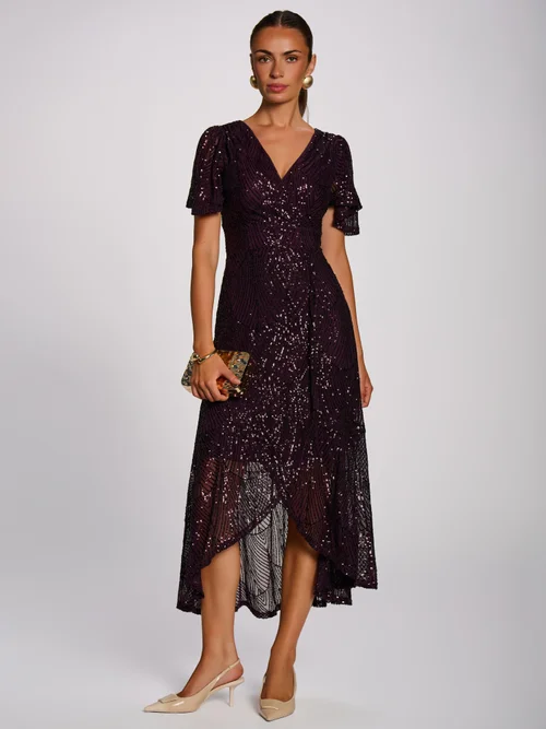 Jolie Moi Deep Plum Sequin Angel Sleeve Flare Hem Maxi Dress - 16 Image 1
