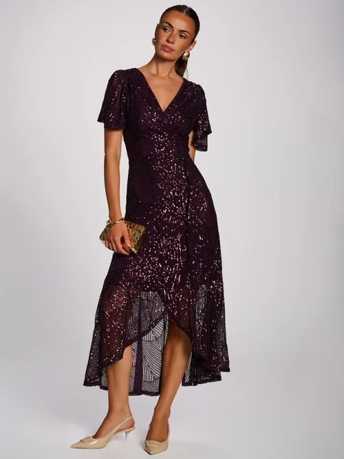 Jolie Moi Deep Plum Sequin Angel Sleeve Flare Hem Maxi Dress - 16 Image 4