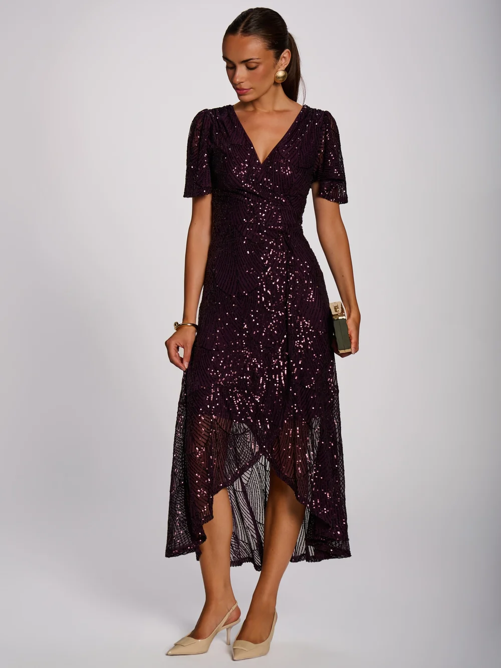 Jolie Moi Deep Plum Sequin Angel Sleeve Flare Hem Maxi Dress - 16 Image 5