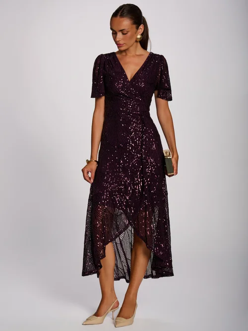 Jolie Moi Deep Plum Sequin Angel Sleeve Flare Hem Maxi Dress - 16 Image 5