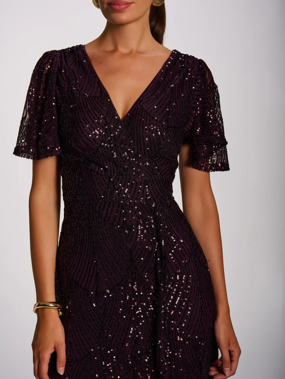 Jolie Moi Deep Plum Sequin Angel Sleeve Flare Hem Maxi Dress - 16 Image 2