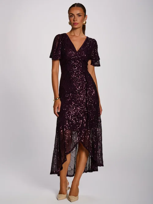 Jolie Moi Deep Plum Sequin Angel Sleeve Flare Hem Maxi Dress - 16 Image 3