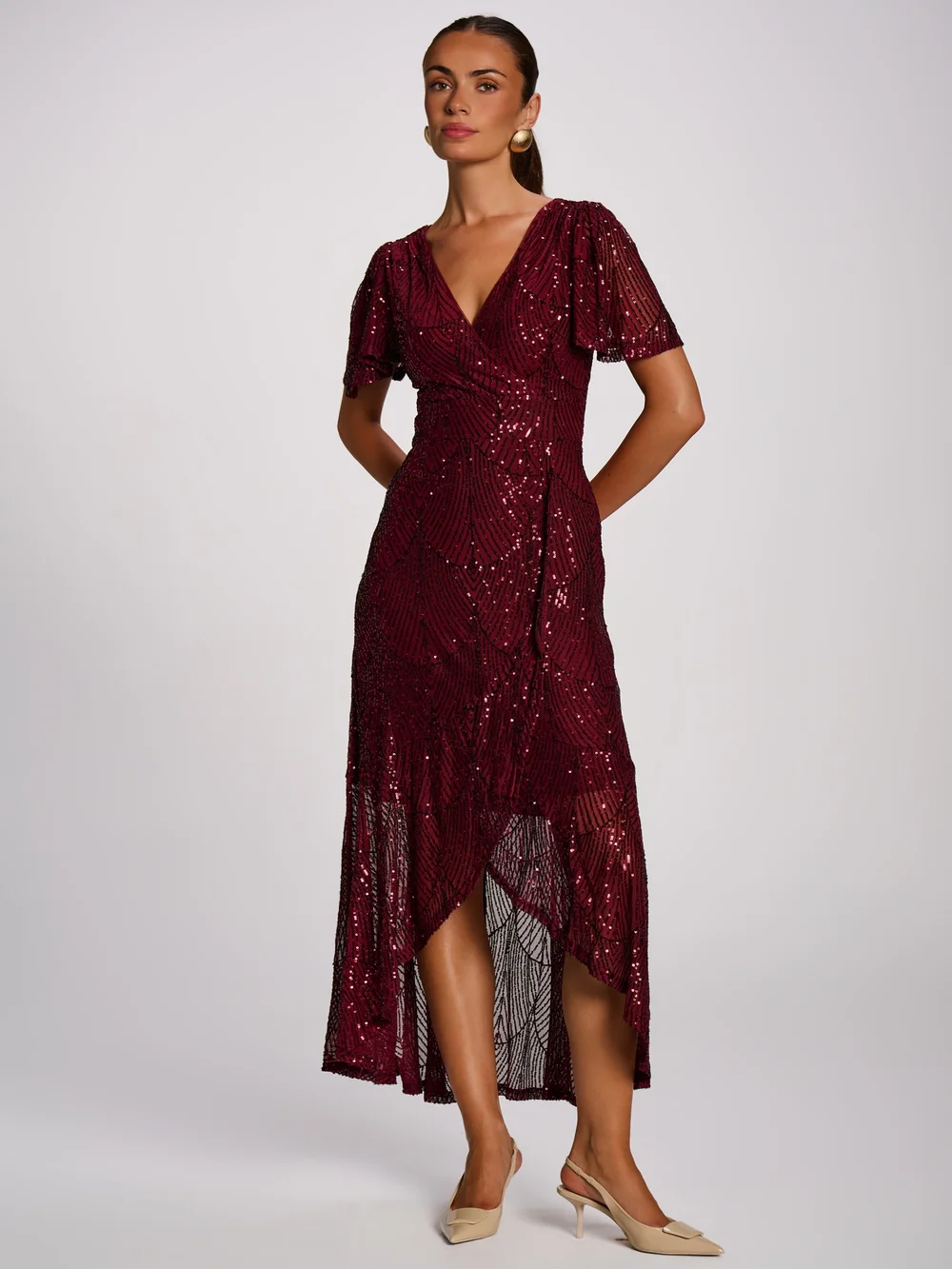 Jolie Moi Burgundy Sequin Angel Sleeve Flare Hem Maxi Dress - 20 Image 1