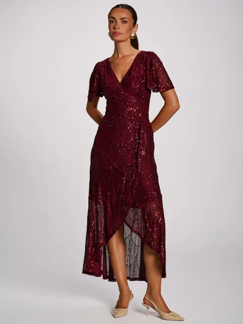 Jolie Moi Burgundy Sequin Angel Sleeve Flare Hem Maxi Dress - 20 Image 1