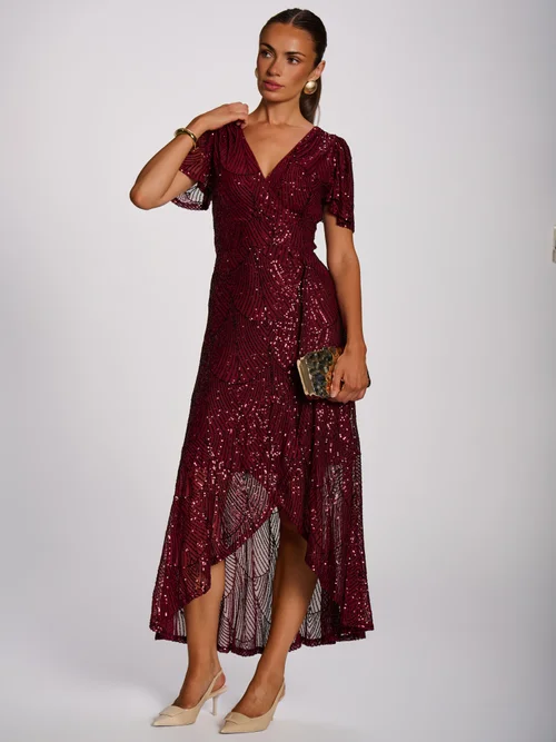 Jolie Moi Burgundy Sequin Angel Sleeve Flare Hem Maxi Dress - 20 Image 5