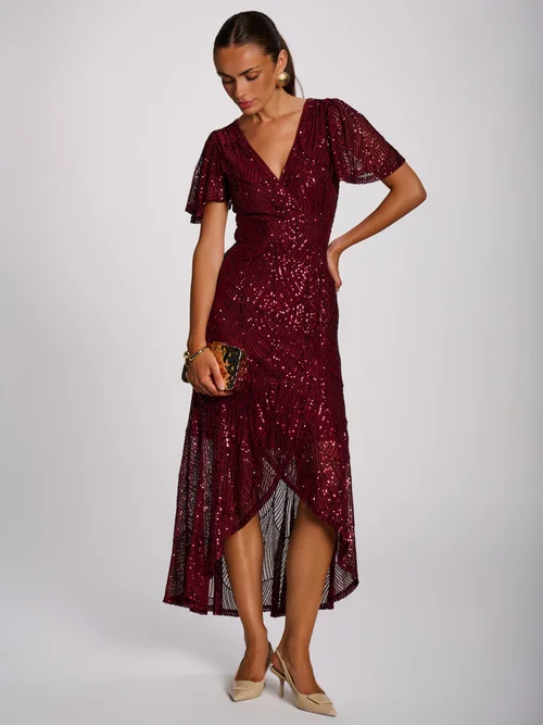Jolie Moi Burgundy Sequin Angel Sleeve Flare Hem Maxi Dress - 20 Image 4