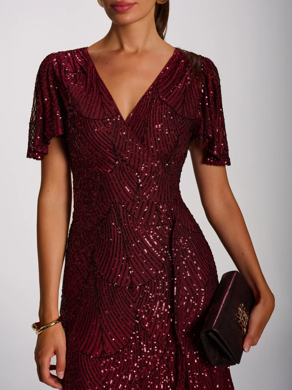 Jolie Moi Burgundy Sequin Angel Sleeve Flare Hem Maxi Dress - 20 Image 2