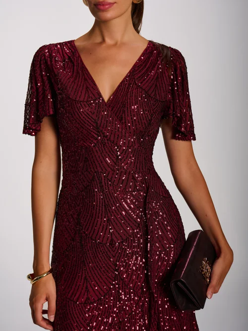 Jolie Moi Burgundy Sequin Angel Sleeve Flare Hem Maxi Dress - 20 Image 2