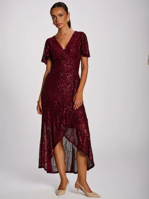 Jolie Moi Burgundy Sequin Angel Sleeve Flare Hem Maxi Dress - 20 Image 3