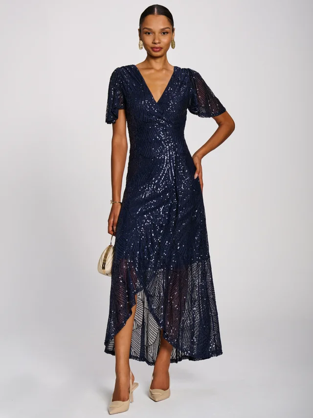 Jolie Moi Midnight Navy Sequin Angel Sleeve Flare Hem Maxi Dress