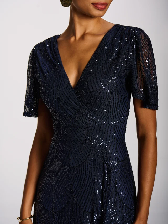 Jolie Moi Midnight Navy Sequin Angel Sleeve Flare Hem Maxi Dress