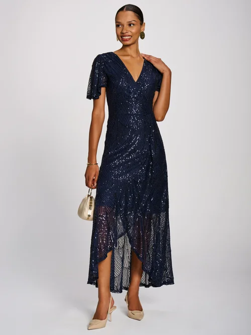 Jolie Moi Midnight Navy Sequin Angel Sleeve Flare Hem Maxi Dress - 16 Image 5