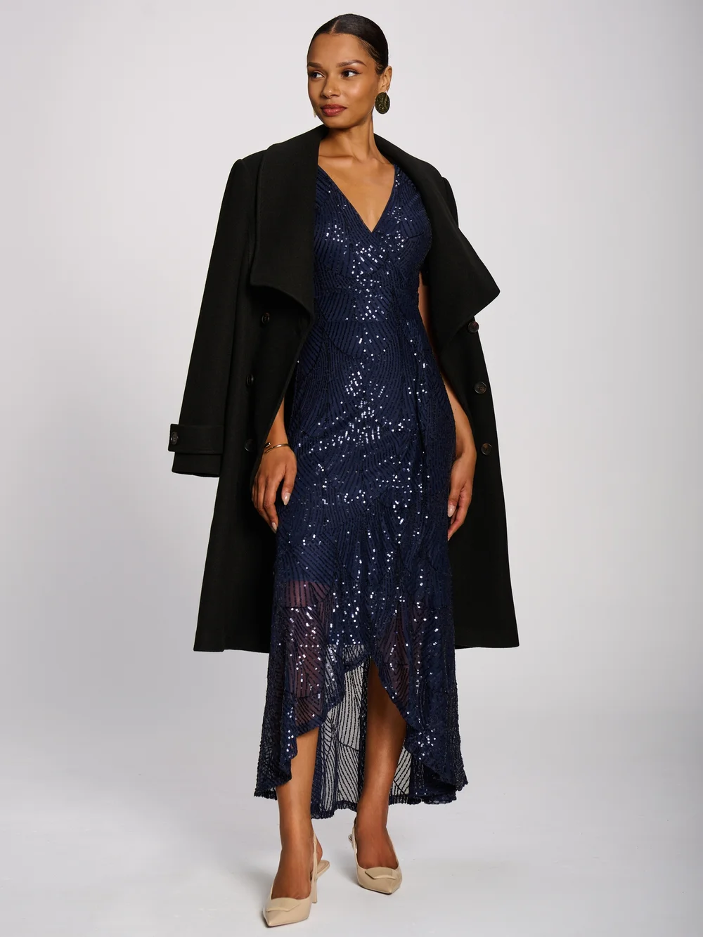 Jolie Moi Midnight Navy Sequin Angel Sleeve Flare Hem Maxi Dress - 16 Image 4