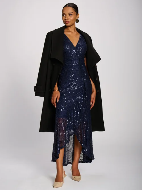 Jolie Moi Midnight Navy Sequin Angel Sleeve Flare Hem Maxi Dress - 16 Image 4