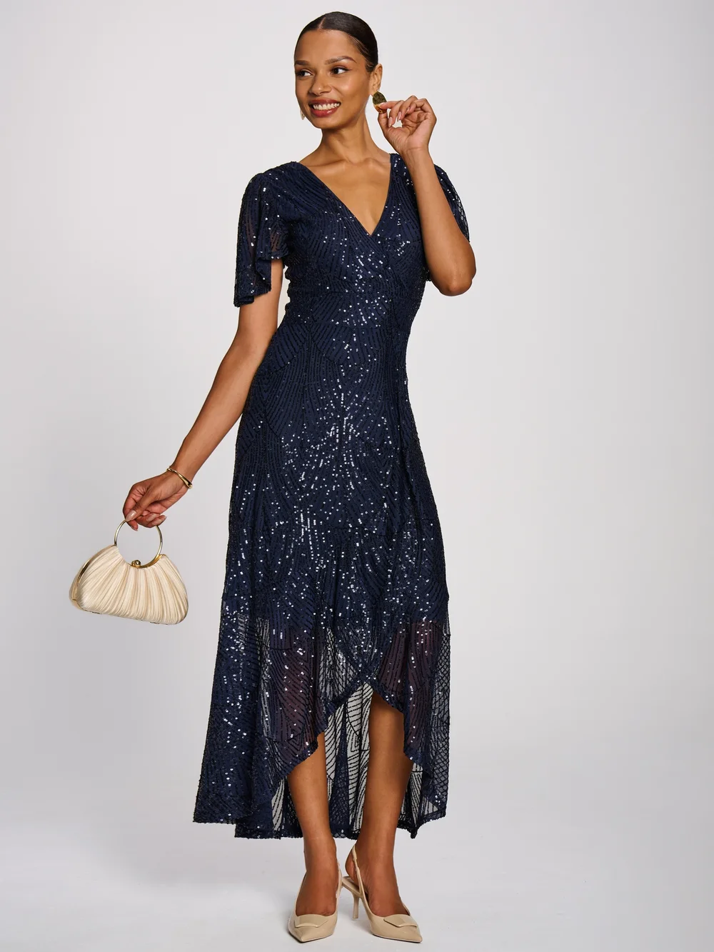 Jolie Moi Midnight Navy Sequin Angel Sleeve Flare Hem Maxi Dress - 16 Image 3
