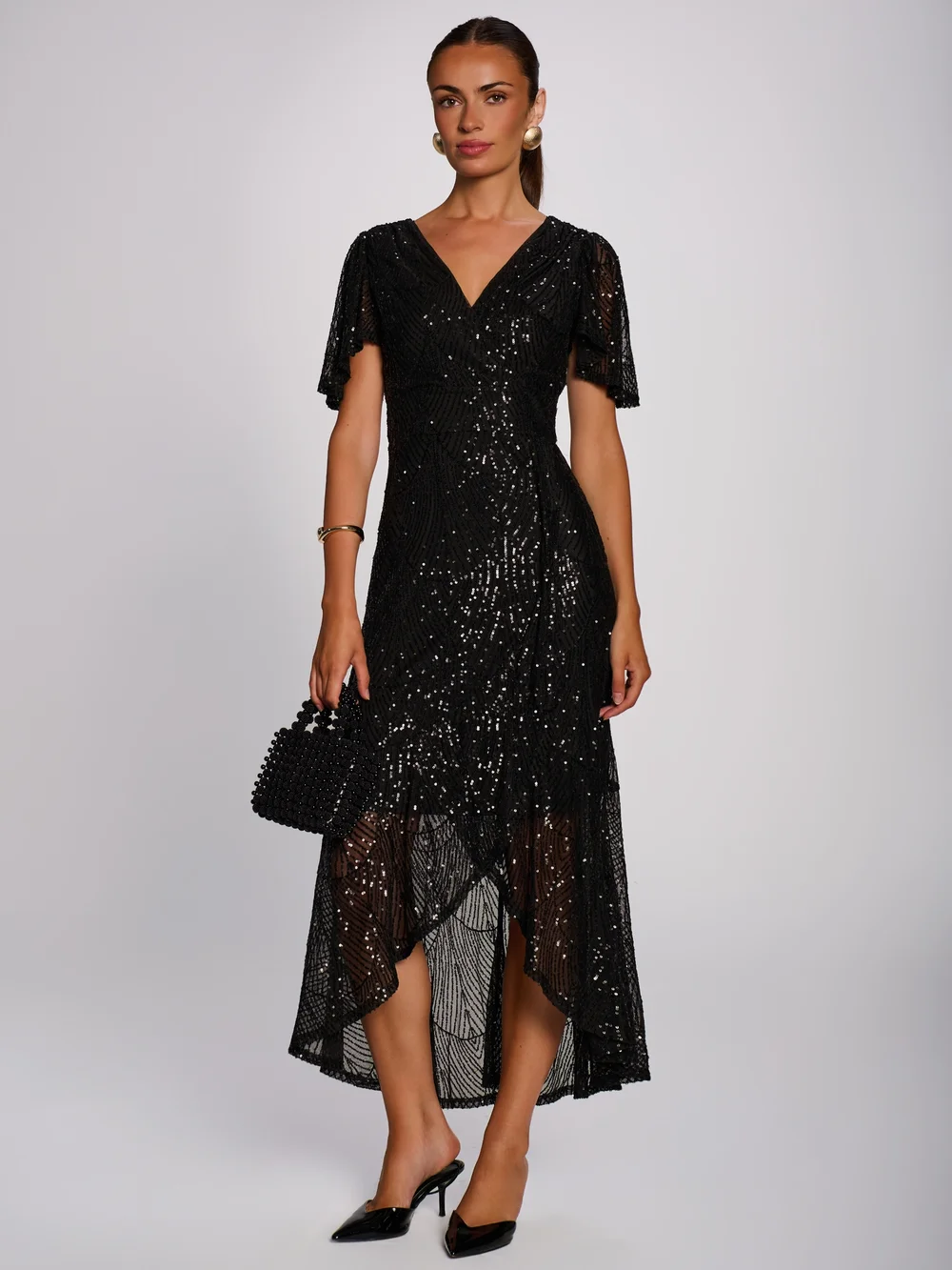 Jolie Moi Black Sequin Angel Sleeve Flare Hem Maxi Dress - 16 Image 1