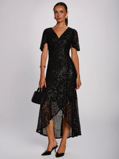 Jolie Moi Black Sequin Angel Sleeve Flare Hem Maxi Dress - 16 Image 1