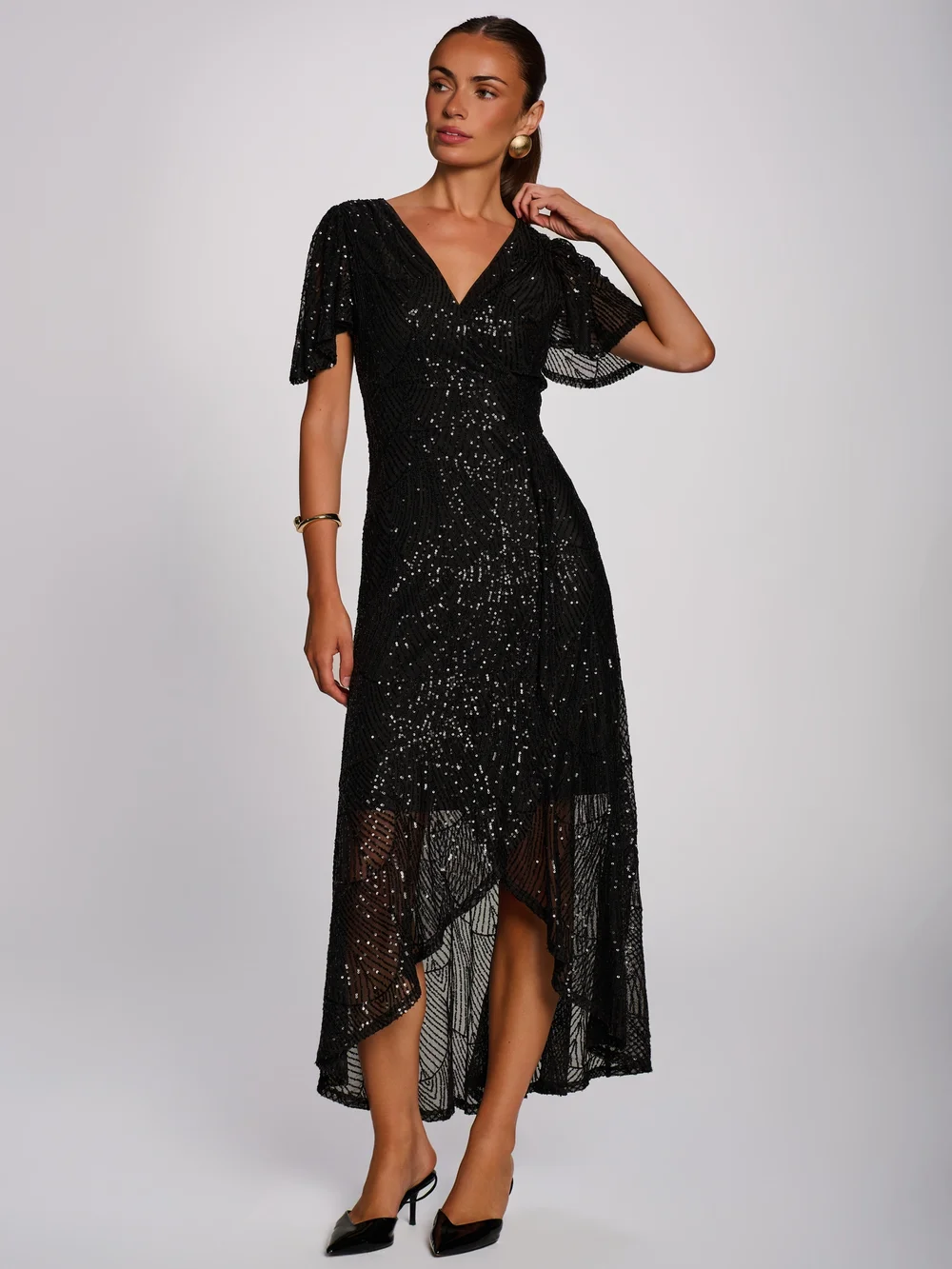 Jolie Moi Black Sequin Angel Sleeve Flare Hem Maxi Dress - 16 Image 3