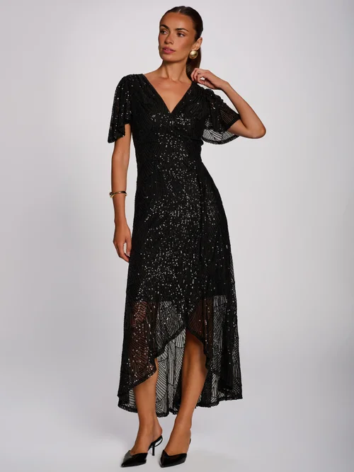 Jolie Moi Black Sequin Angel Sleeve Flare Hem Maxi Dress - 16 Image 3