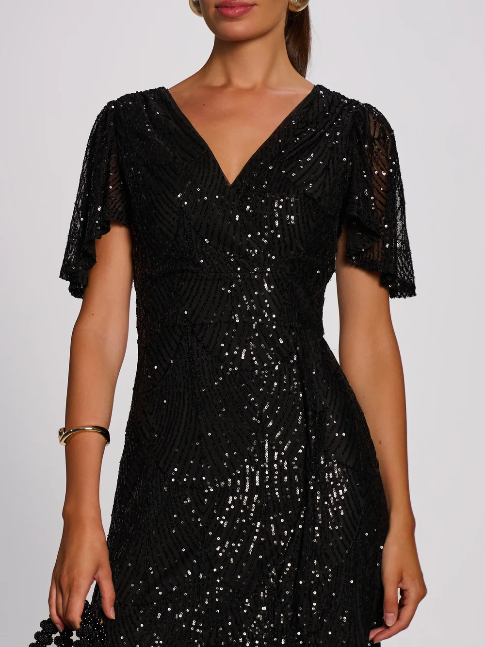 Jolie Moi Black Sequin Angel Sleeve Flare Hem Maxi Dress - 16 Image 2