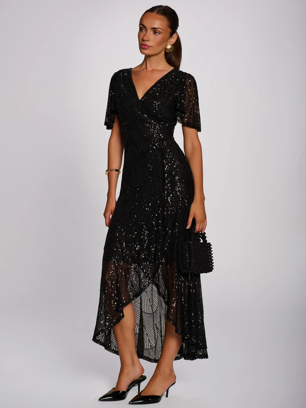 Jolie Moi Black Sequin Angel Sleeve Flare Hem Maxi Dress - 16 Image 5