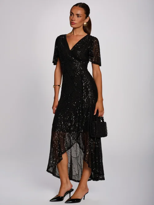 Jolie Moi Black Sequin Angel Sleeve Flare Hem Maxi Dress - 16 Image 5