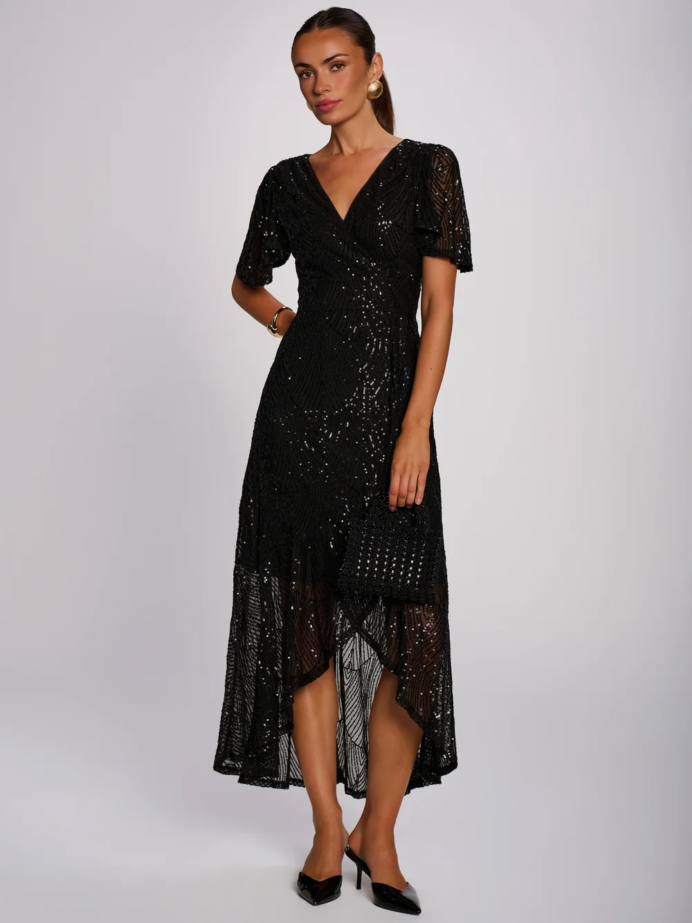 Jolie Moi Black Sequin Angel Sleeve Flare Hem Maxi Dress - 16 Image 4