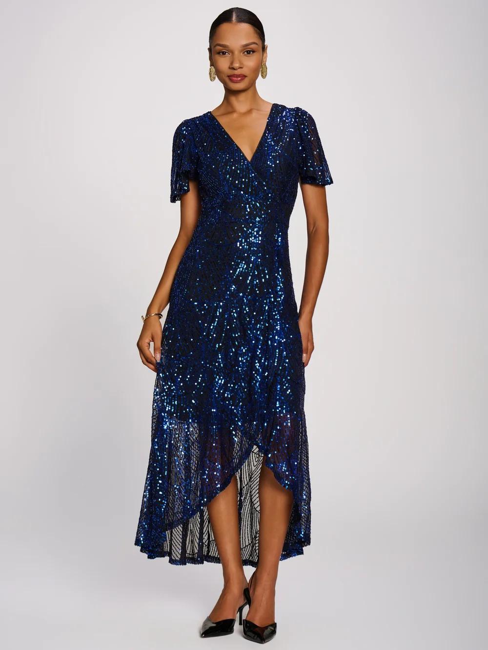 Jolie Moi Royal Blue Sequin Angel Sleeve Dipped Hem Maxi Dress - 18 Image 1