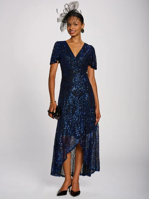 Jolie Moi Royal Blue Sequin Angel Sleeve Dipped Hem Maxi Dress - 18 Image 5