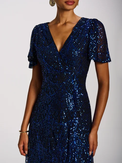 Jolie Moi Royal Blue Sequin Angel Sleeve Dipped Hem Maxi Dress - 18 Image 2