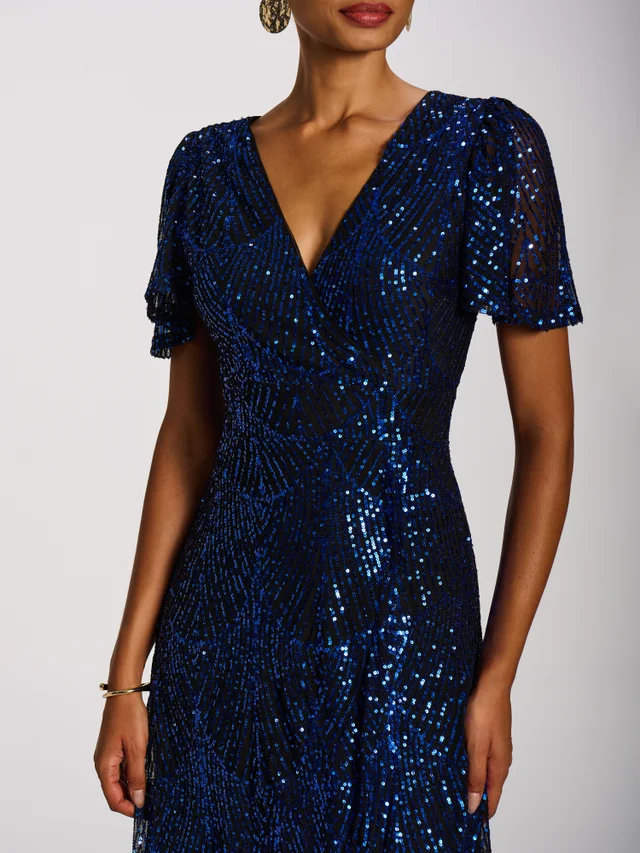 Jolie Moi Royal Blue Sequin Angel Sleeve Dipped Hem Maxi Dress