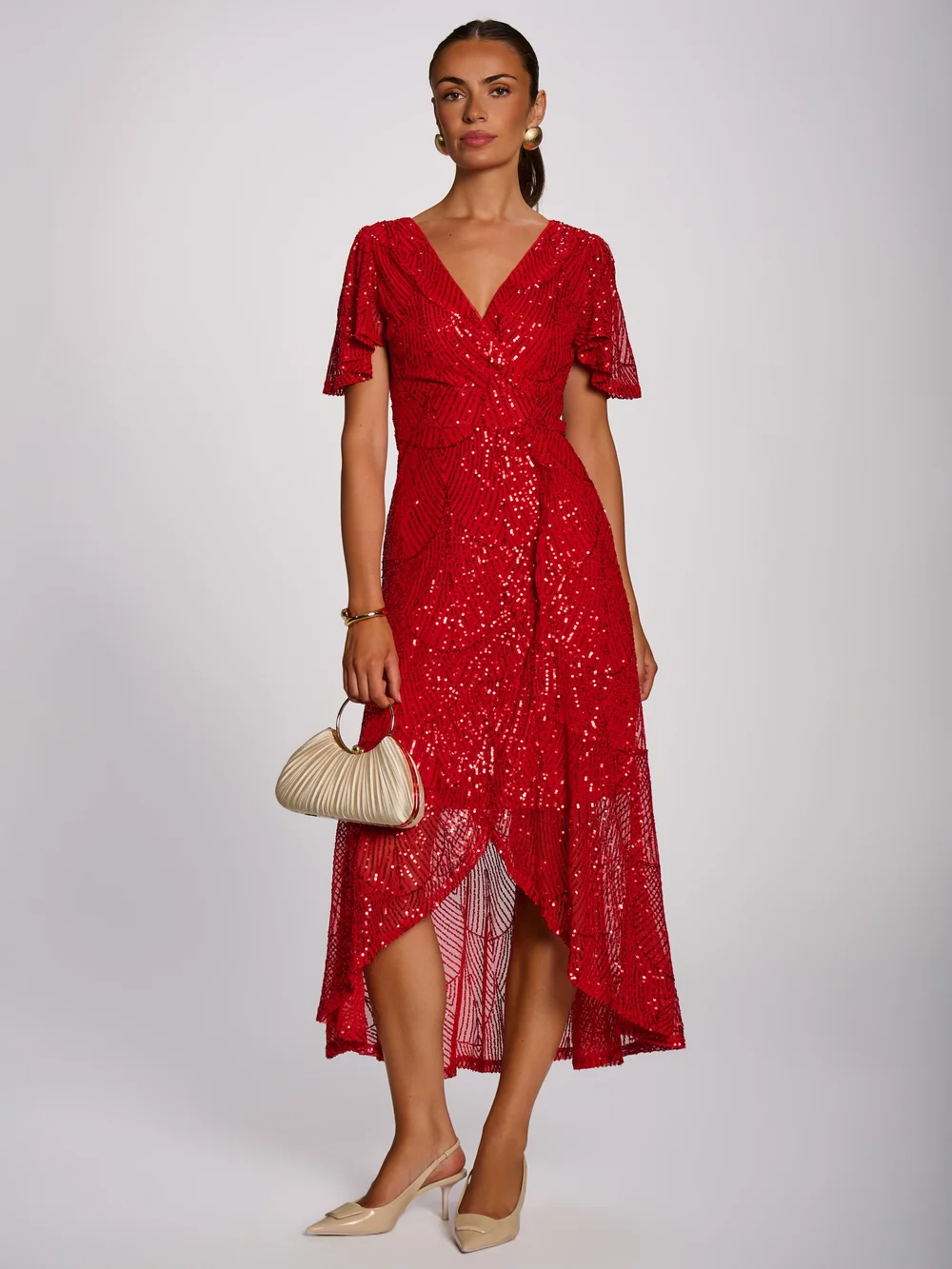 Jolie Moi Scarlet Red Sequin Angel Sleeve Flare Hem Maxi Dress - 12 Image 1