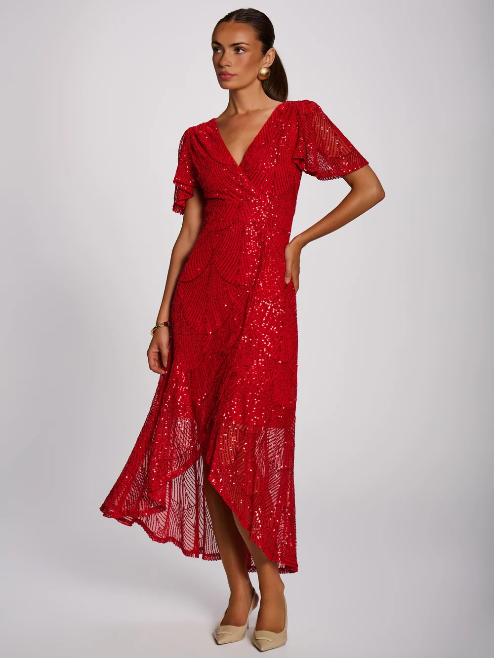 Jolie Moi Scarlet Red Sequin Angel Sleeve Flare Hem Maxi Dress - 12 Image 4