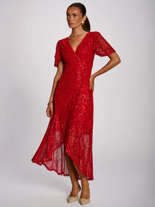 Jolie Moi Scarlet Red Sequin Angel Sleeve Flare Hem Maxi Dress - 12 Image 4