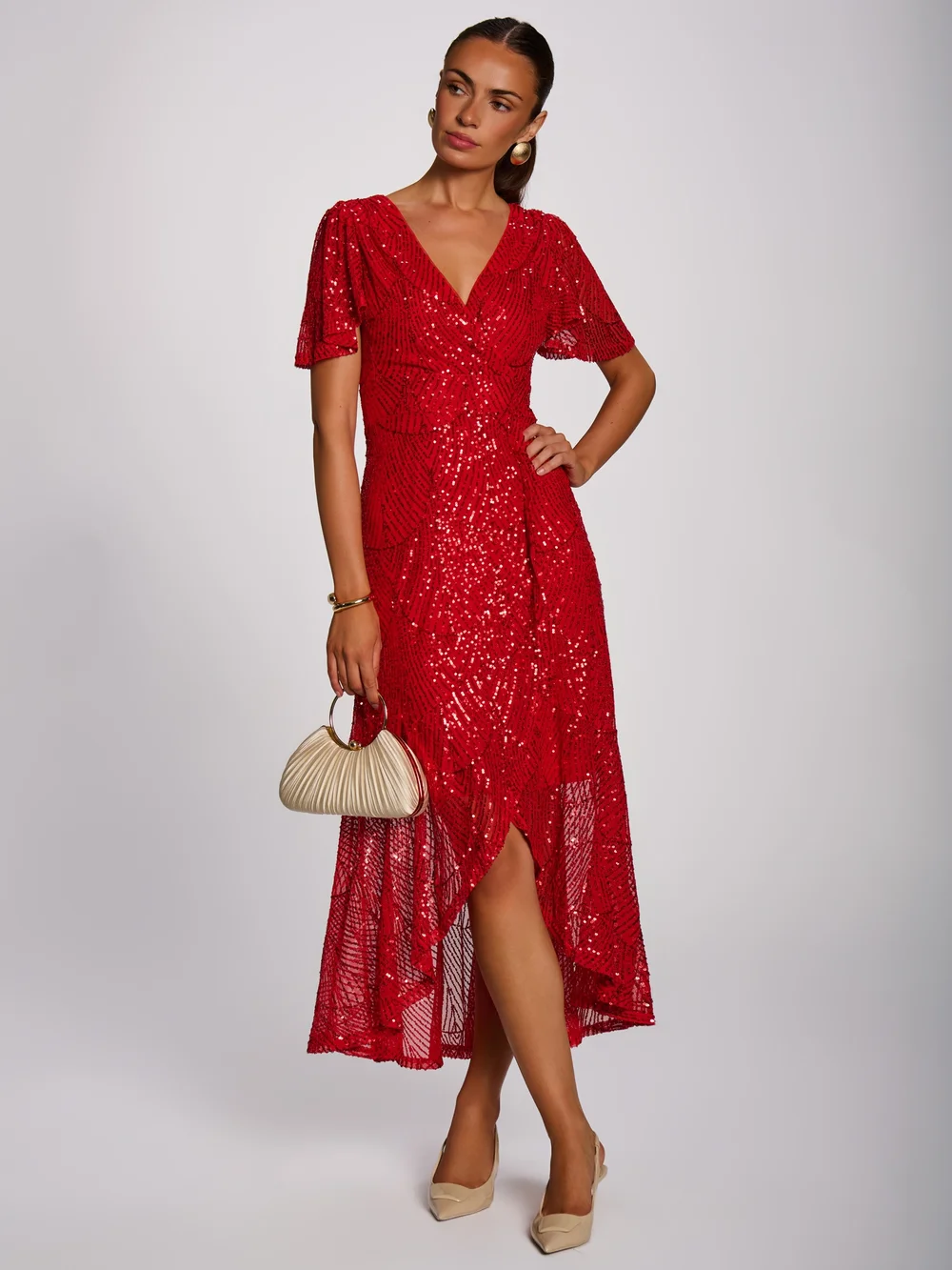 Jolie Moi Scarlet Red Sequin Angel Sleeve Flare Hem Maxi Dress - 12 Image 5