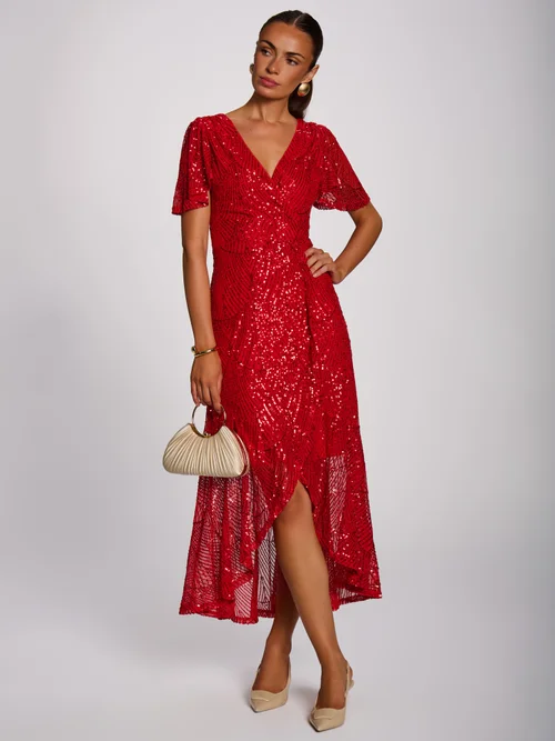 Jolie Moi Scarlet Red Sequin Angel Sleeve Flare Hem Maxi Dress - 12 Image 5