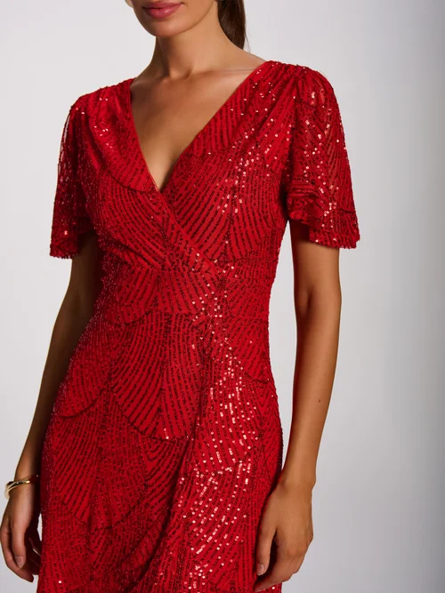 Jolie Moi Scarlet Red Sequin Angel Sleeve Flare Hem Maxi Dress - 12 Image 2