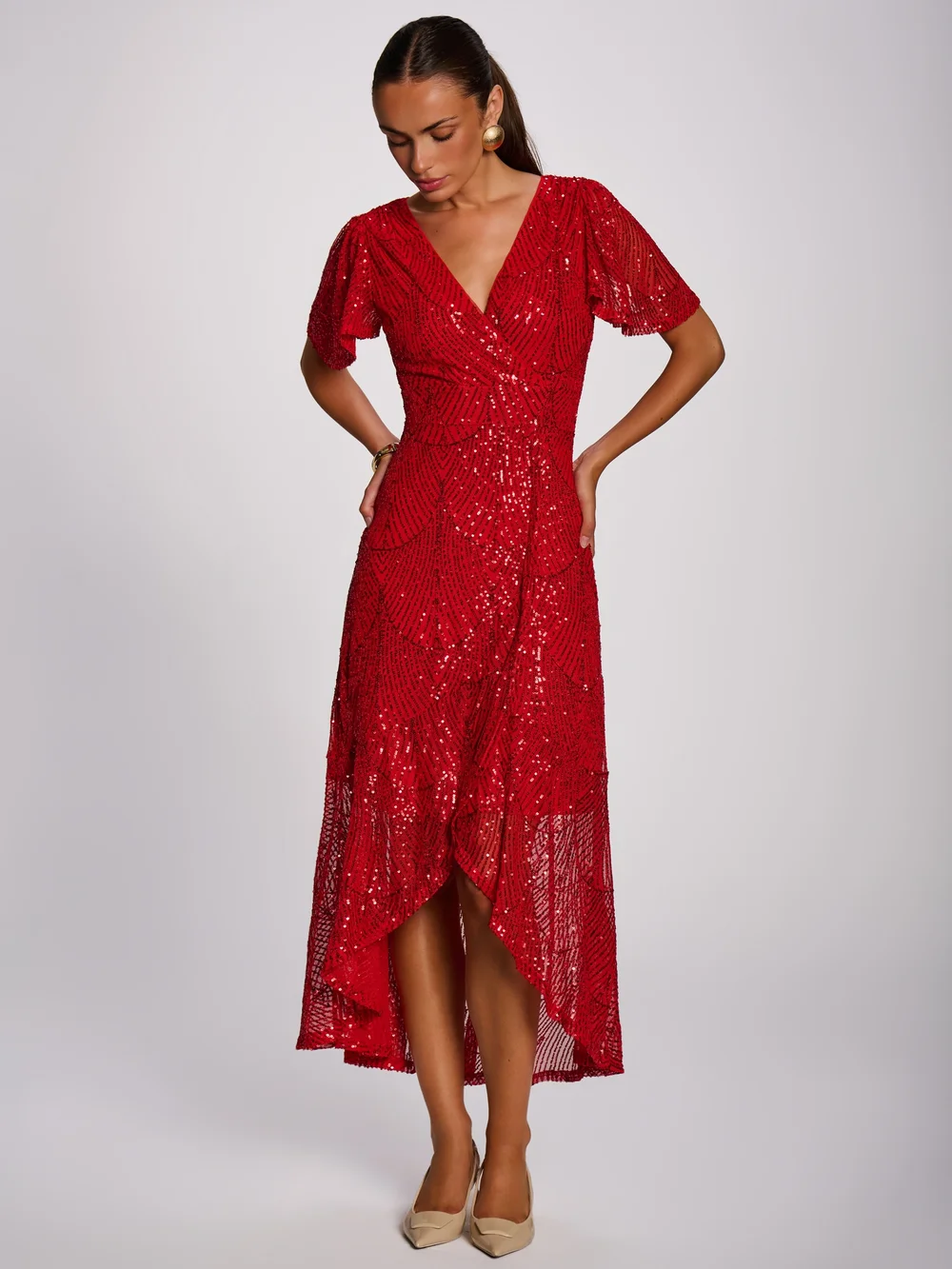 Jolie Moi Scarlet Red Sequin Angel Sleeve Flare Hem Maxi Dress - 12 Image 3