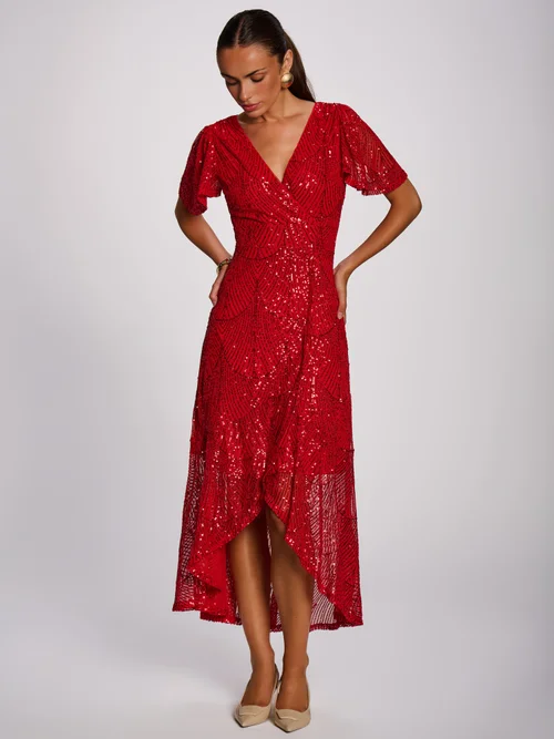 Jolie Moi Scarlet Red Sequin Angel Sleeve Flare Hem Maxi Dress - 12 Image 3